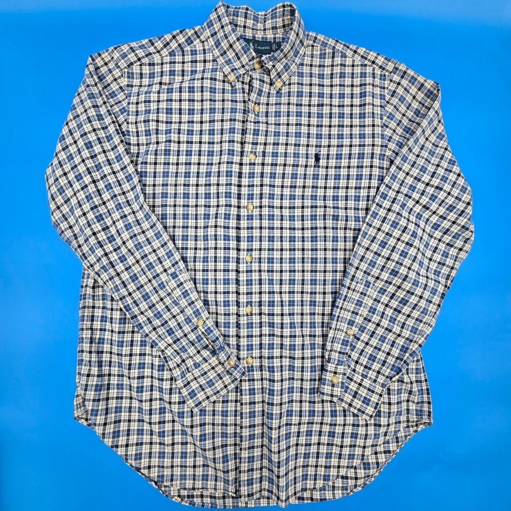 Ralph Lauren Classic Fit Blue Plaid Cotton Button Down Shirt Large Men's
